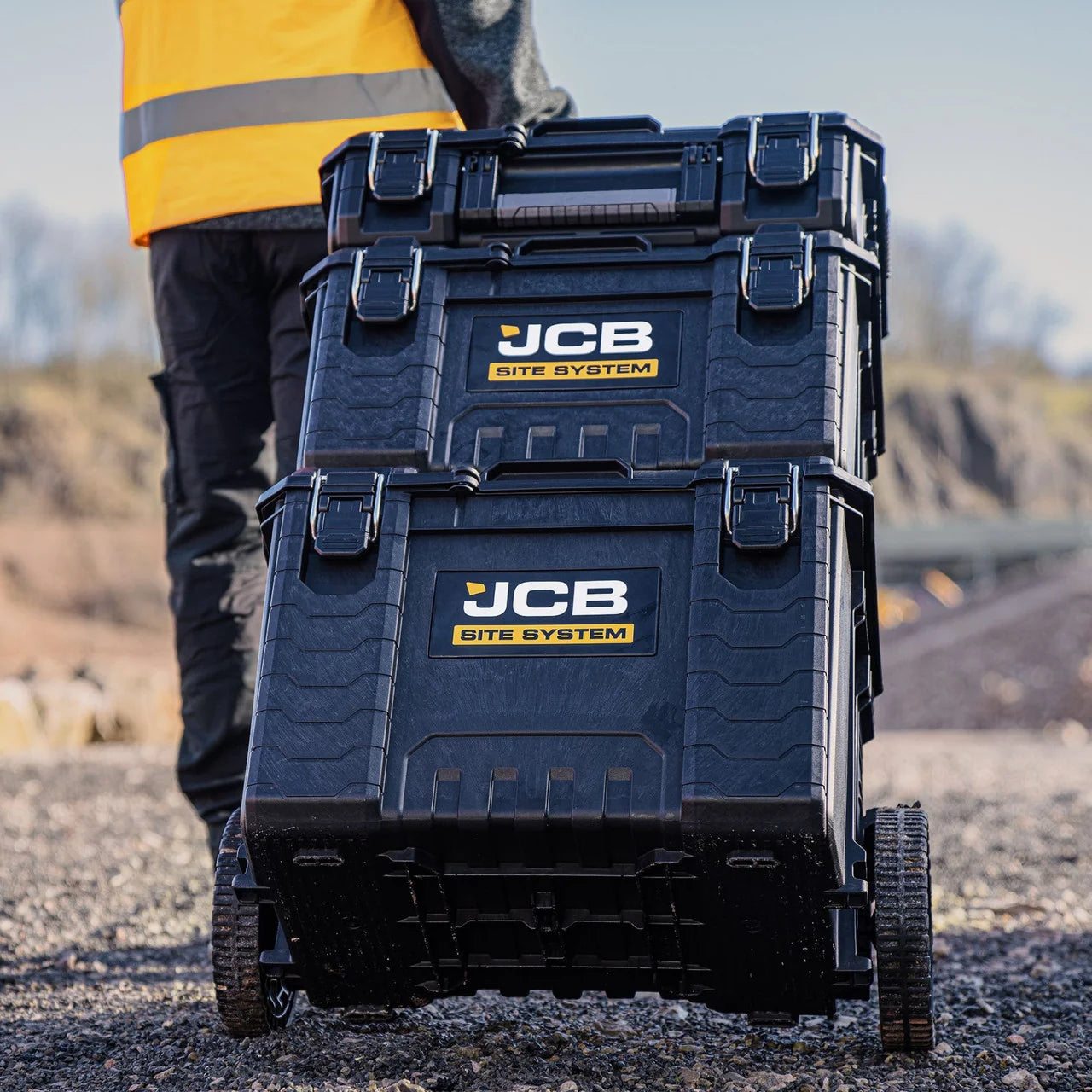 JCB Site System, 3-Piece Modular Tool Storage, Box and Organiser with Cart, 9’’ Wheels: JCB-SITESYS-ST