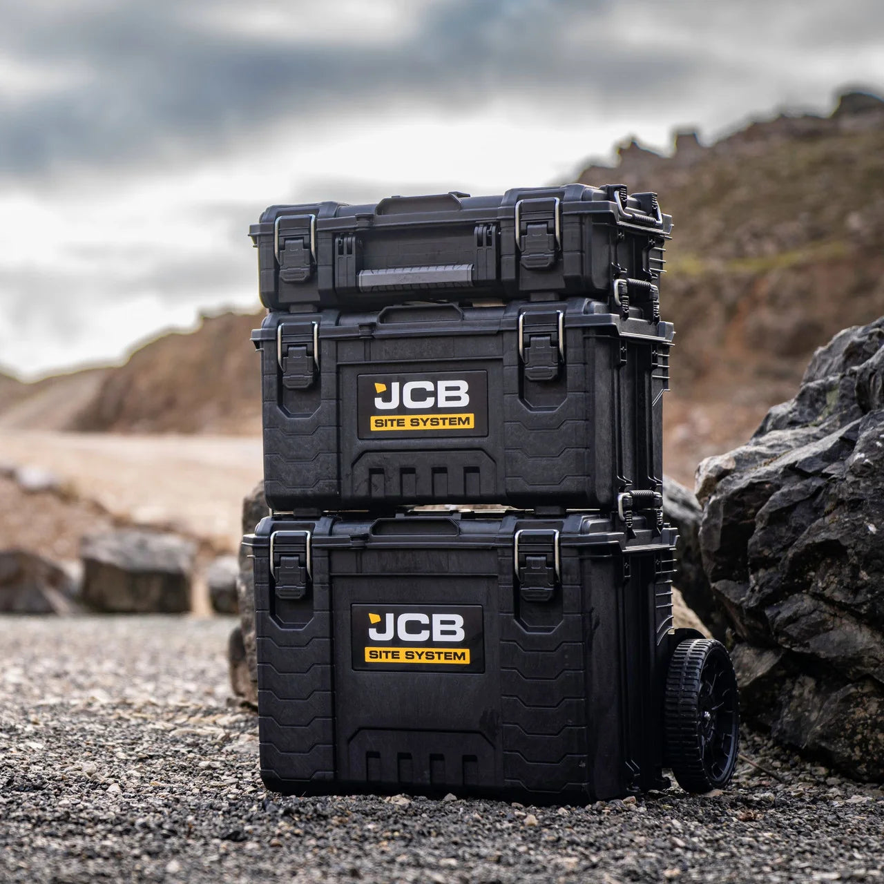 JCB Site System, 3-Piece Modular Tool Storage, Box and Organiser with Cart, 9’’ Wheels: JCB-SITESYS-ST