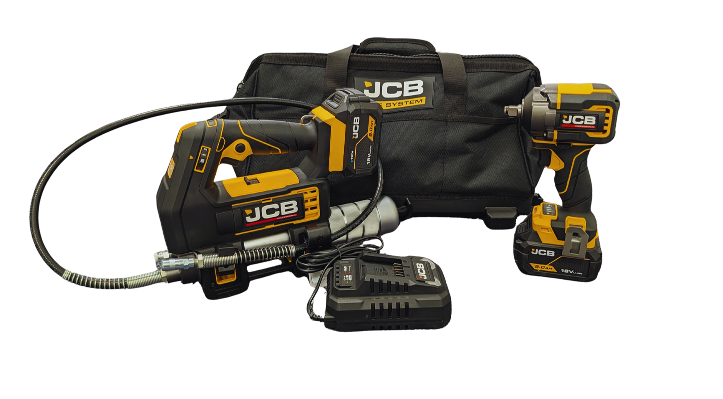 JCB 18V Kit with 1/2" Drive Impact Wrench, Grease Gun, 2 Batteries + Fast Charger: ZJCB-18PKIT-5