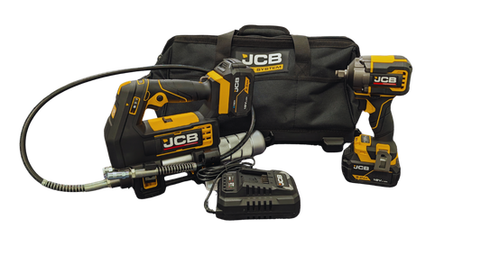 JCB 18V Kit with 1/2" Drive Impact Wrench, Grease Gun, 2 Batteries + Fast Charger: ZJCB-18PKIT-5