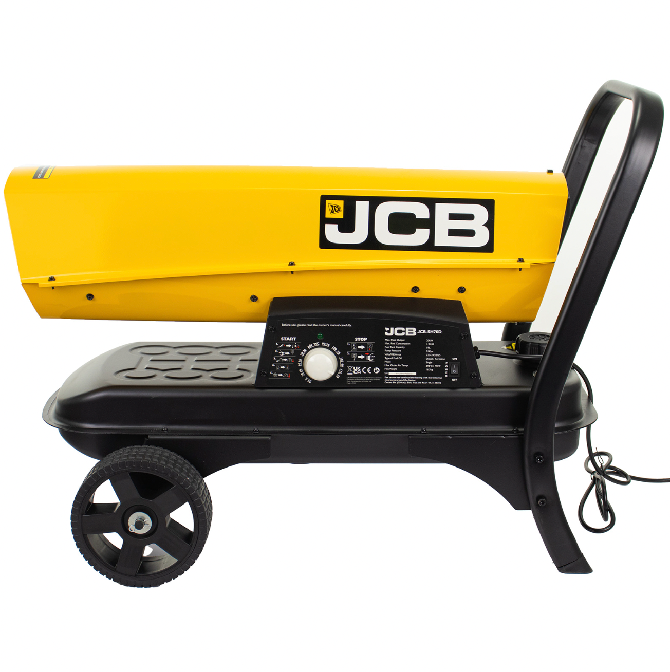 JCB 70,000BTU Diesel Space Heater - 20kW, 496m³ Coverage, Dual Fuel (Kerosene/Diesel), Thermostat Control
