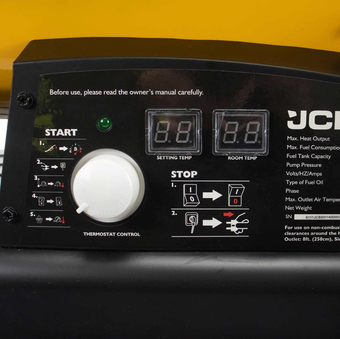 JCB 140,000BTU Diesel Space Heater - 37kW Power, 800m³ Coverage, Dual Fuel (Kerosene/Diesel), Thermostat Control