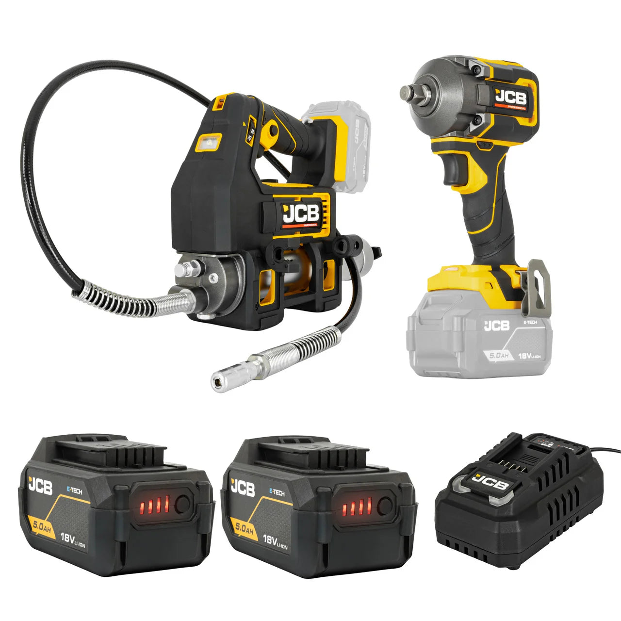 JCB 18V Kit with 1/2" Drive Impact Wrench, Grease Gun, 2 Batteries + Fast Charger: ZJCB-18PKIT-5